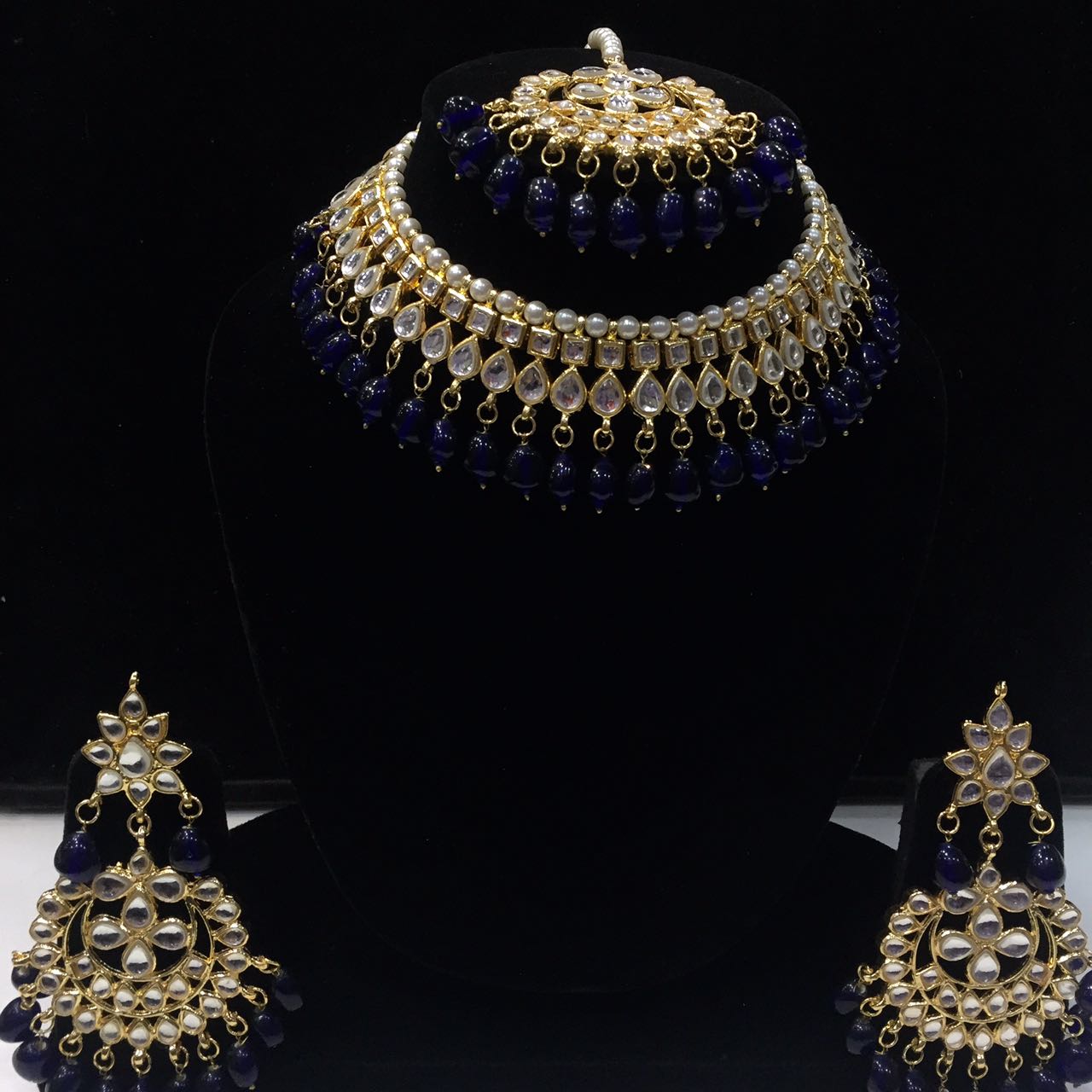 Gold-Plated Dark Blue Kundan Necklace Set