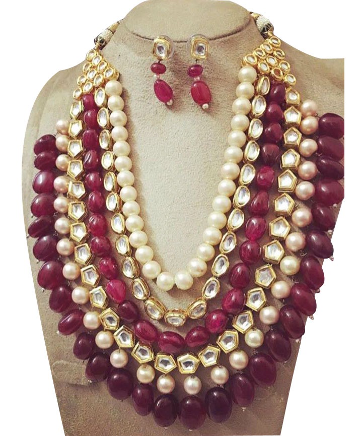 Kundan long set  with maroon  beads