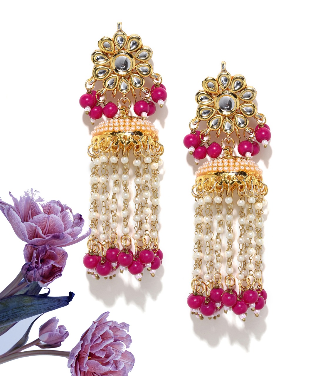 Kundan earring with white and pink moti