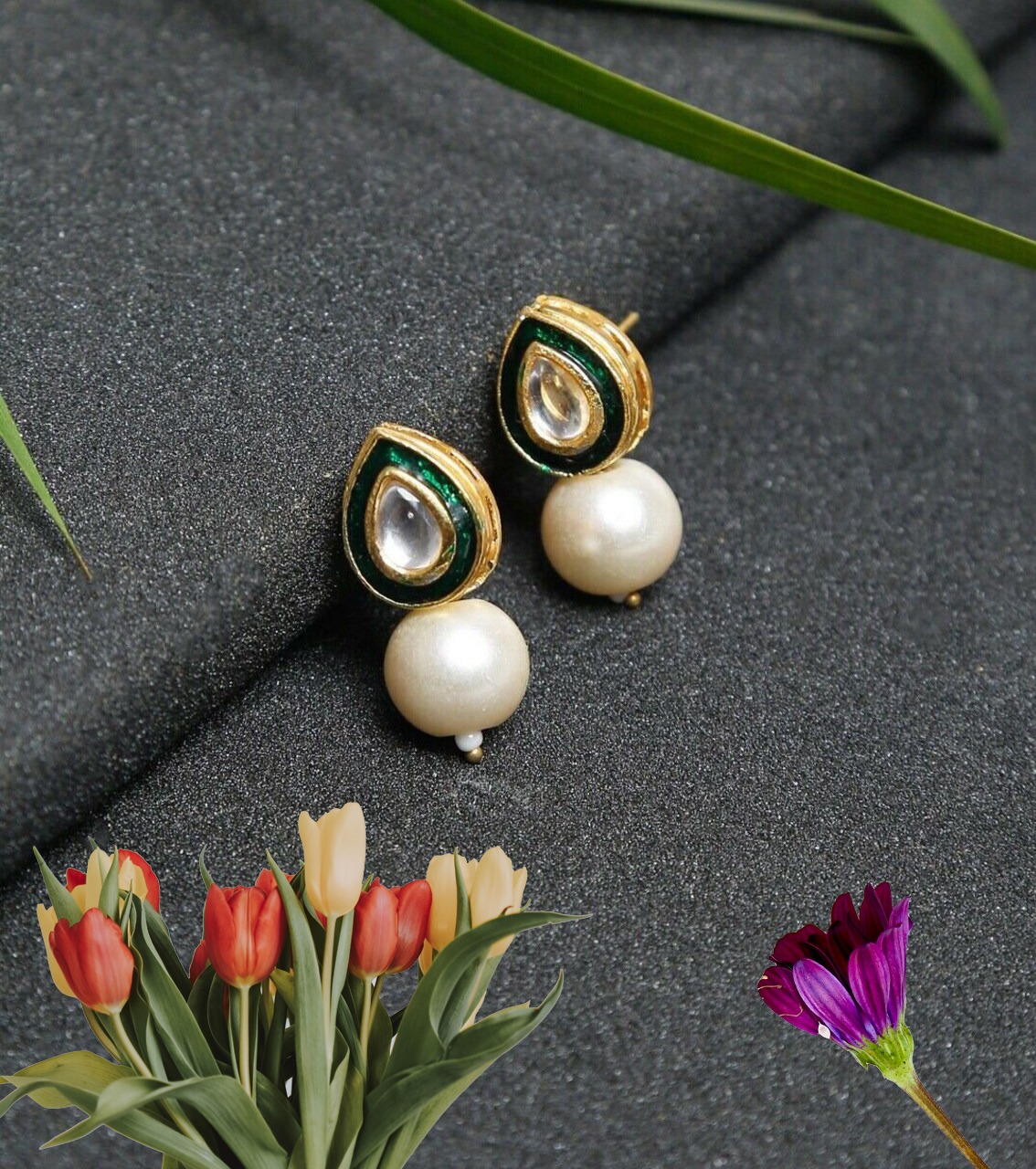 Green kundan earring with white pearl