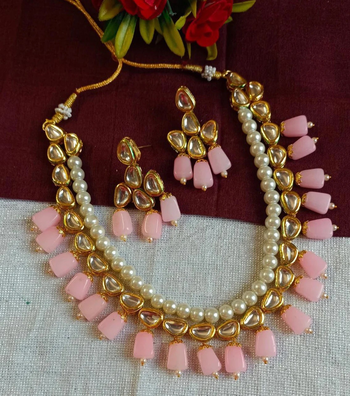 Kundan set with white and baby pink beads
