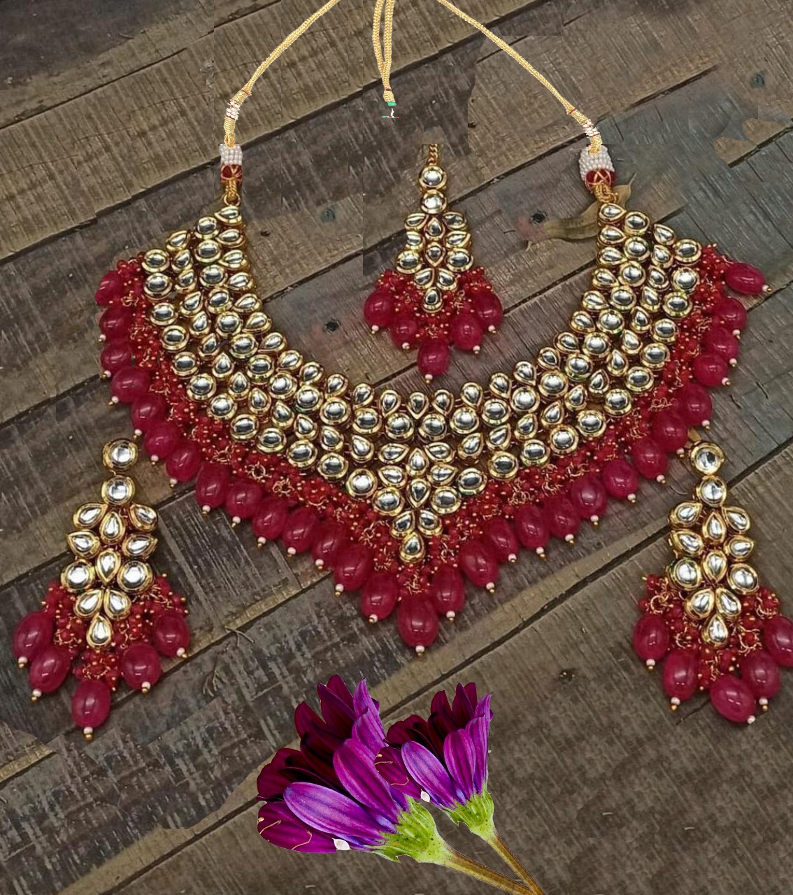 Kundan maang teeka set with red and orange beads