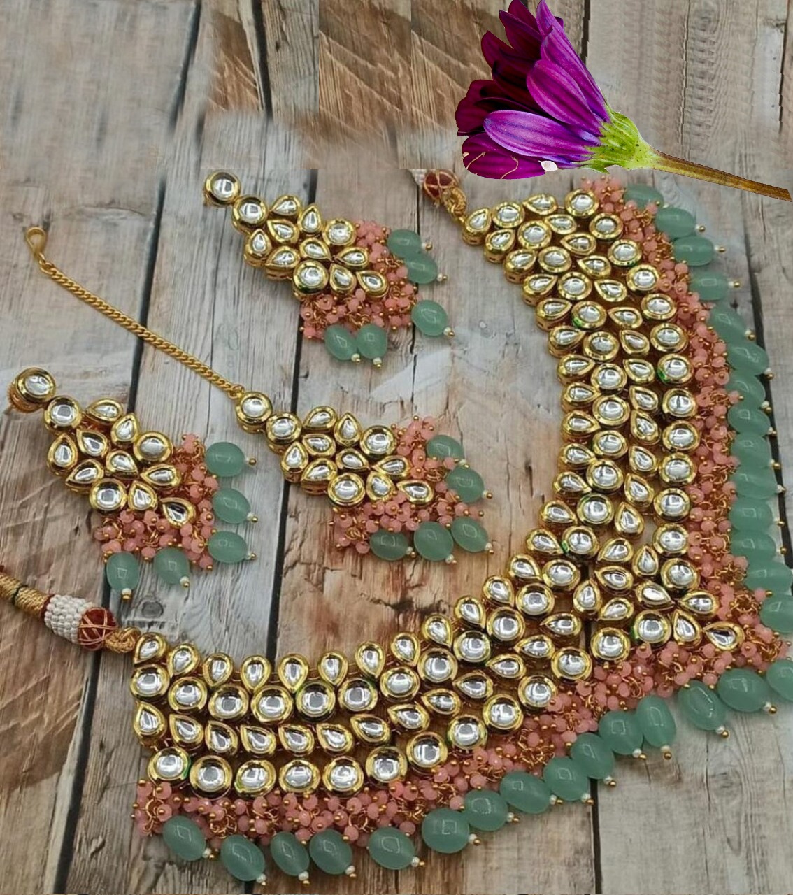 Kundan set maang teeka with green and Orange beads