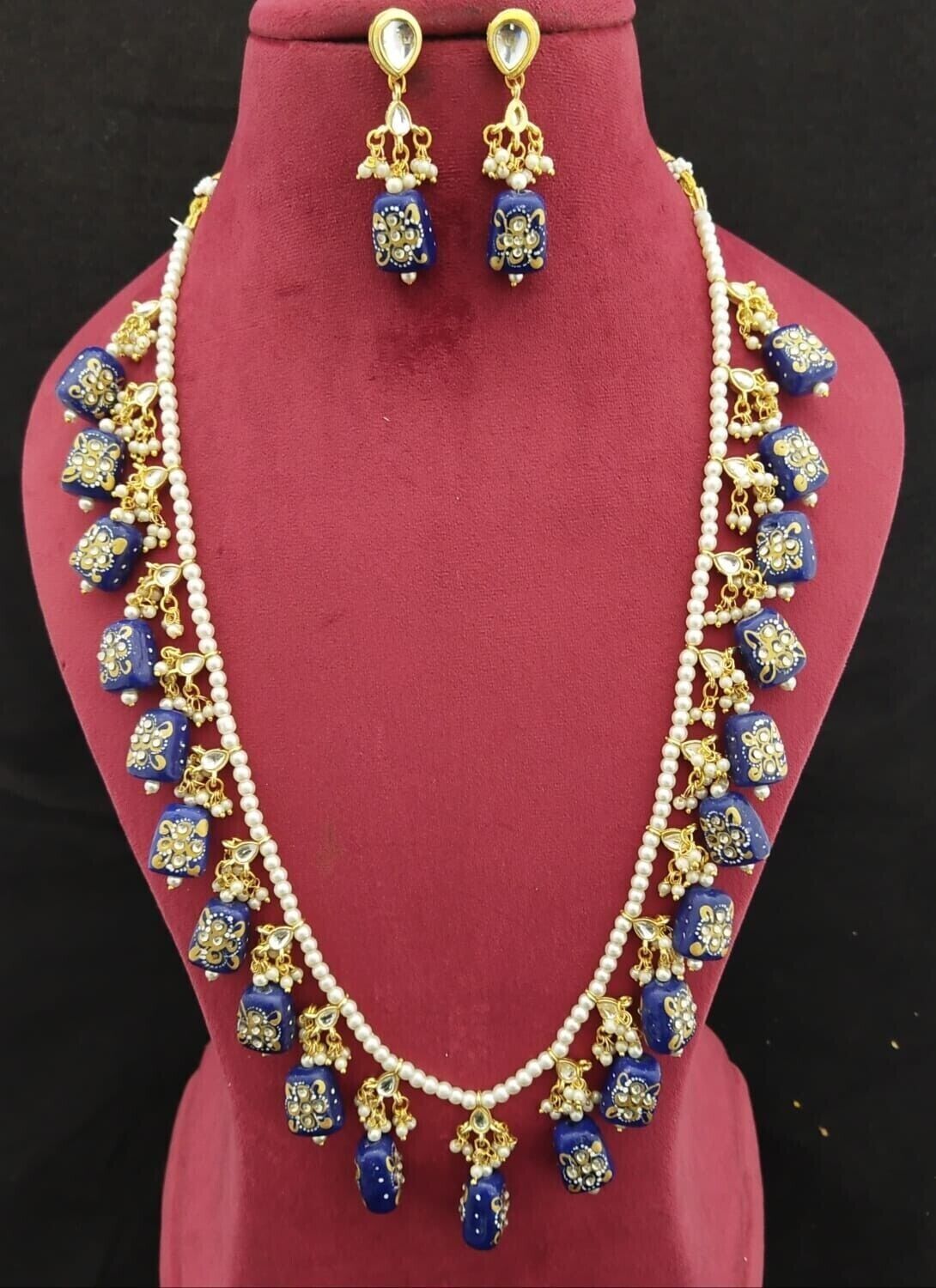 Moti mala long set with blue large beads