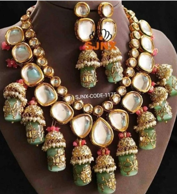 kundan set with green beads small jhumki